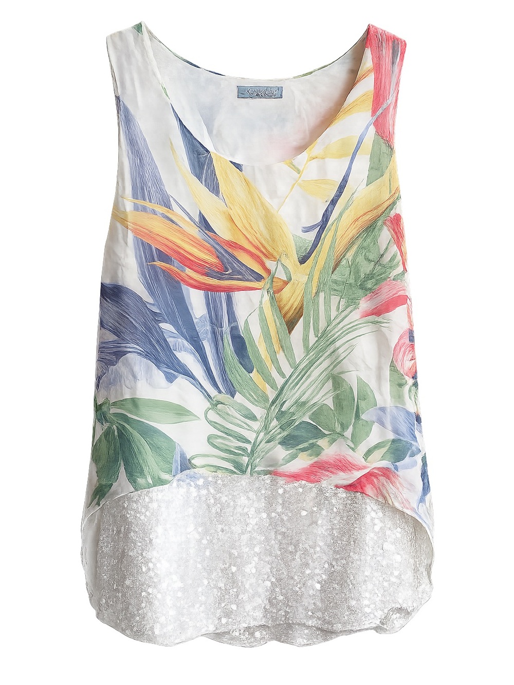 Elena Baldi Made in Italy Tropical Floral Silk Blend Sequin Layered Tank Top S